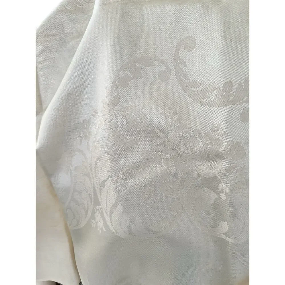 Vtg Beige Linen Double Damask Tablecloth 8 Napkins Floral Garlands Acanthus